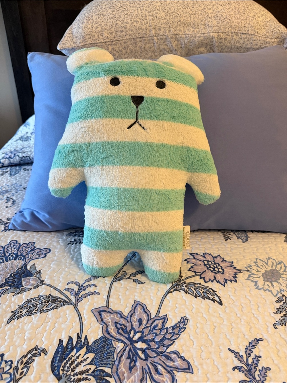Striped Teddy Plush Pillow - Aqua & White